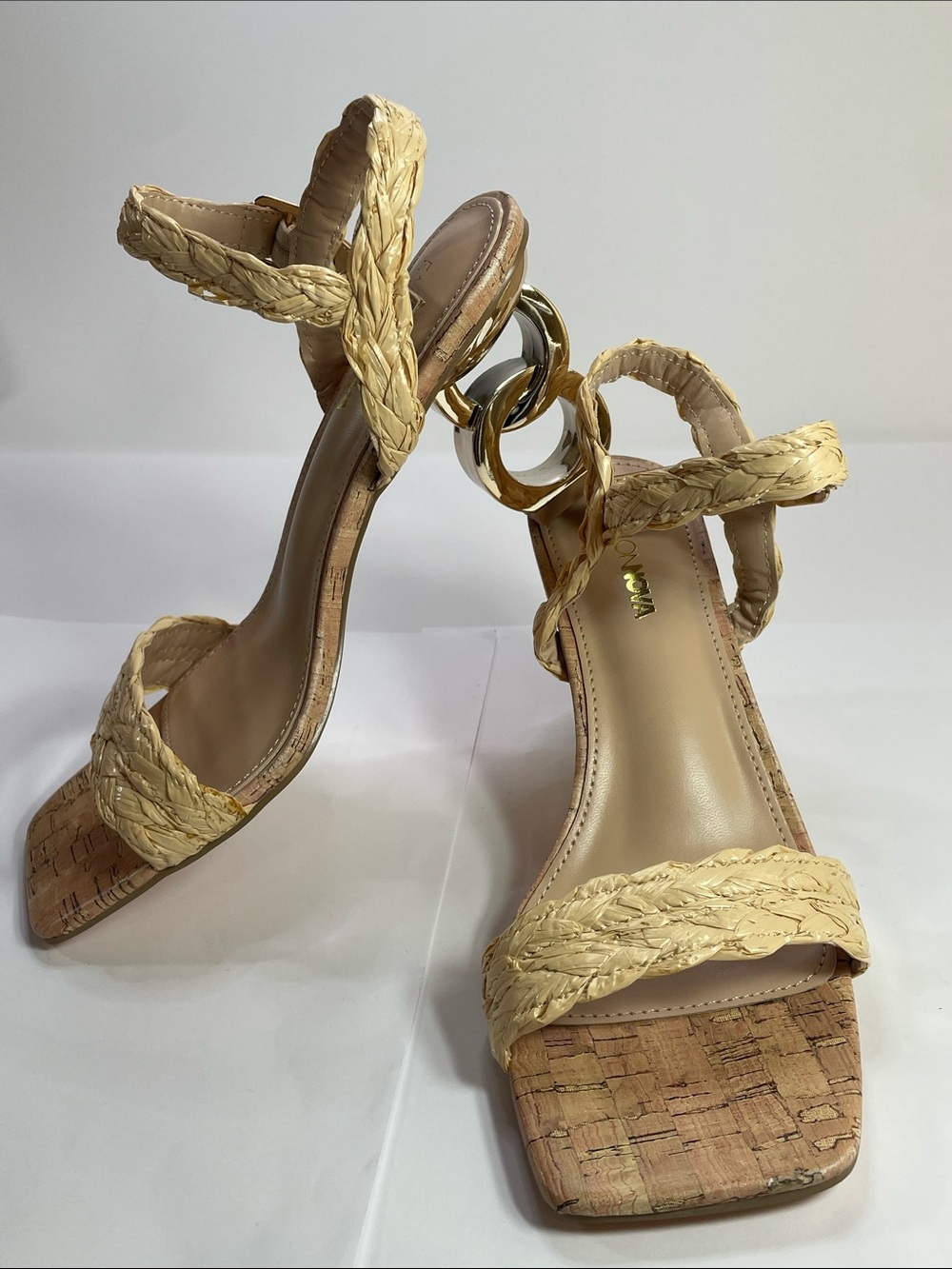 Fashion Nova Braided Ankle-Strap Heels in Natural Beige Gold Ring Accent Size6.5